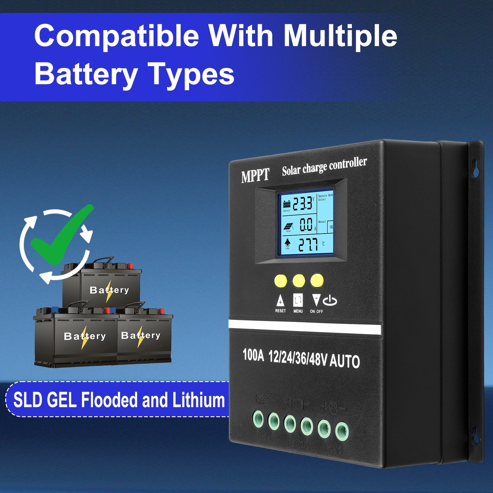 100A Rated Auto Solar Charge Controller 12V 24V 36V 48V with USB and LED Screen