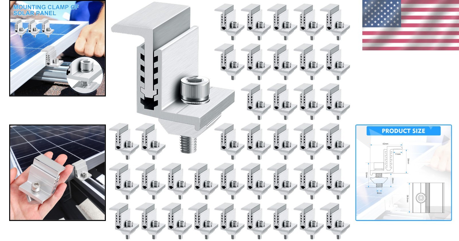 40 Pack Adjustable Solar Panel End Clamps – Durable Aluminum Mounting Hardware