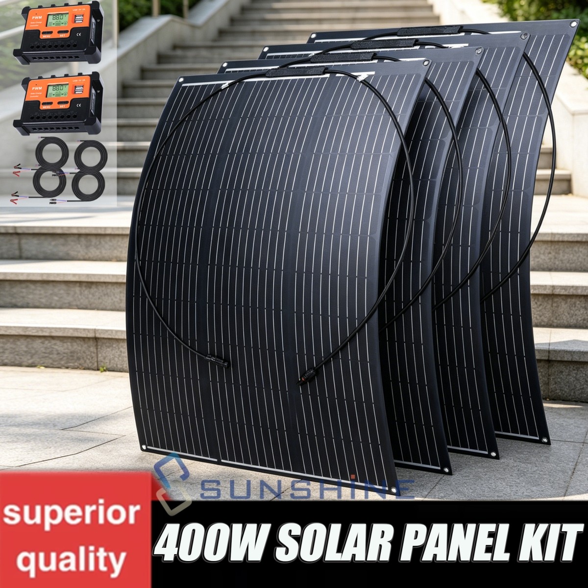 400W Solar Panel w/ Controller Mono N-Type 18BB PV Off-Grid RV Home Roof Battery