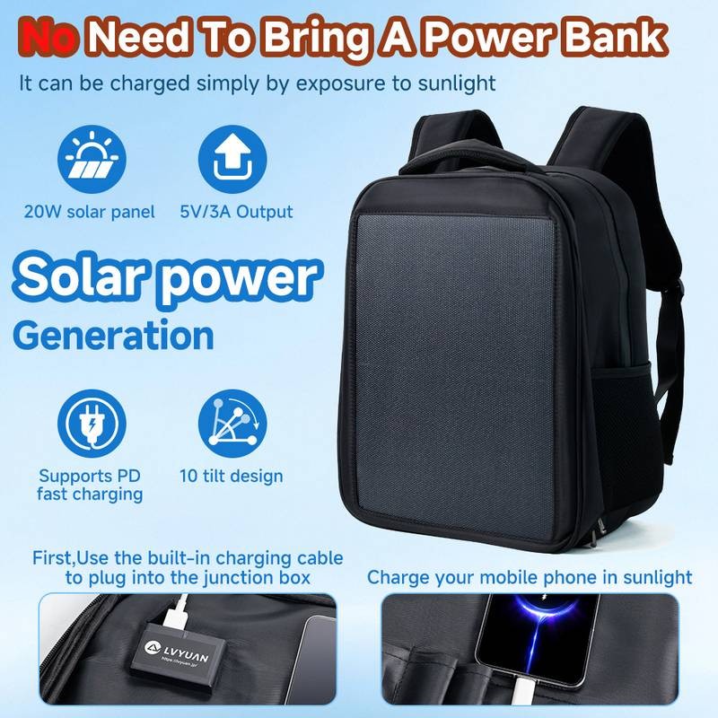 20W Solar Backpack 5V 3A Type C & Type A Charger for Camping Trip Hiking Black
