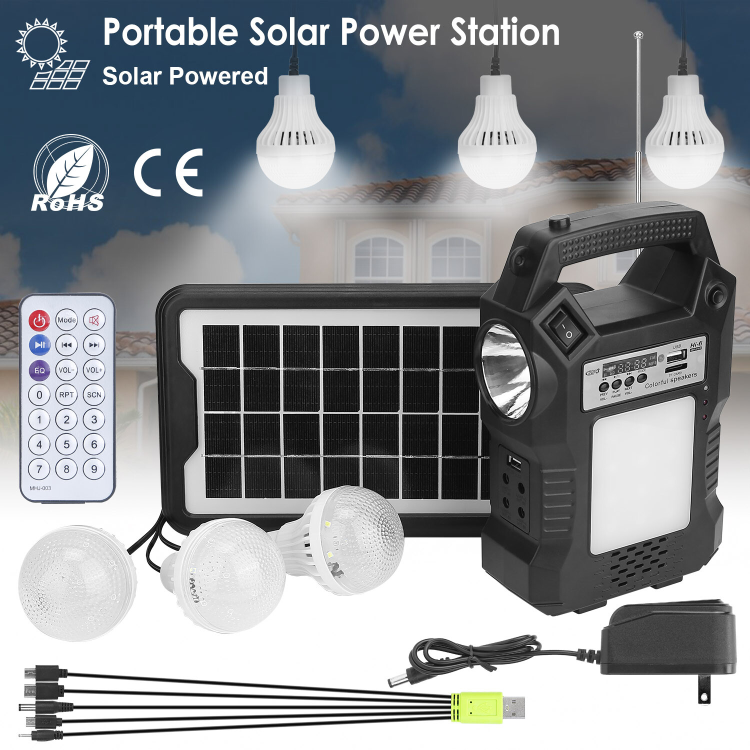 Solar Panel Power Generator Kit Portable Power Station Battery Pack with 3 Bulbs