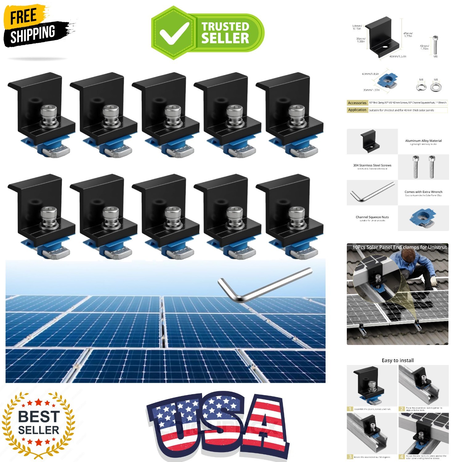10pcs Solar Panel End Clamp for Standard Unistrut, Aluminum 1.57″ Solar Panel…