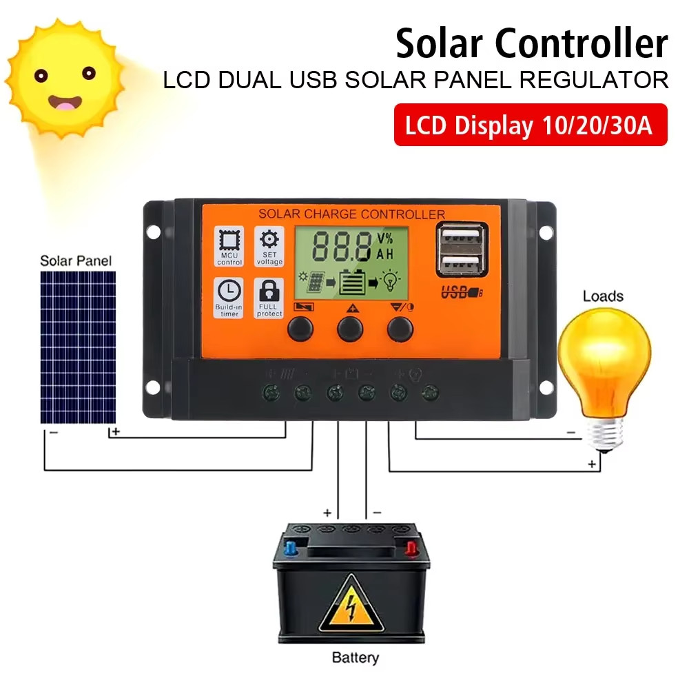 Solar Charge Controller 10A 30A 100A LCD USB 12V 24V Battery Regulator
