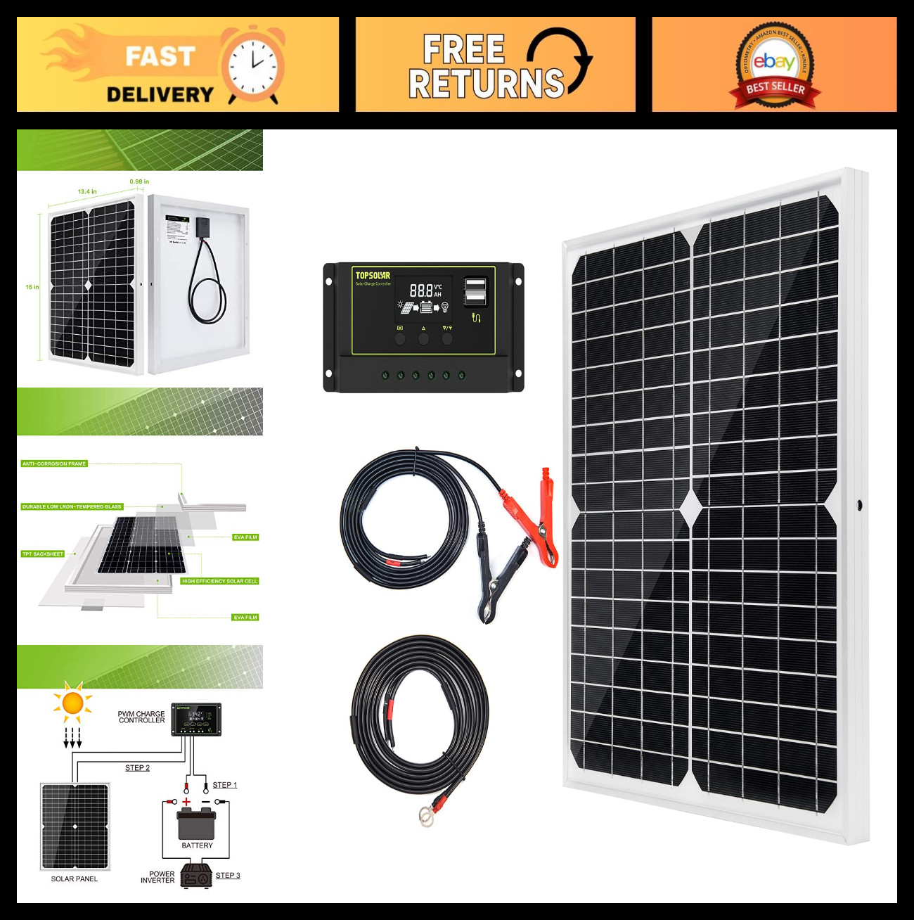 20W 12V Monocrystalline Solar Panel Kit with 10A Charge Controller & Cables for