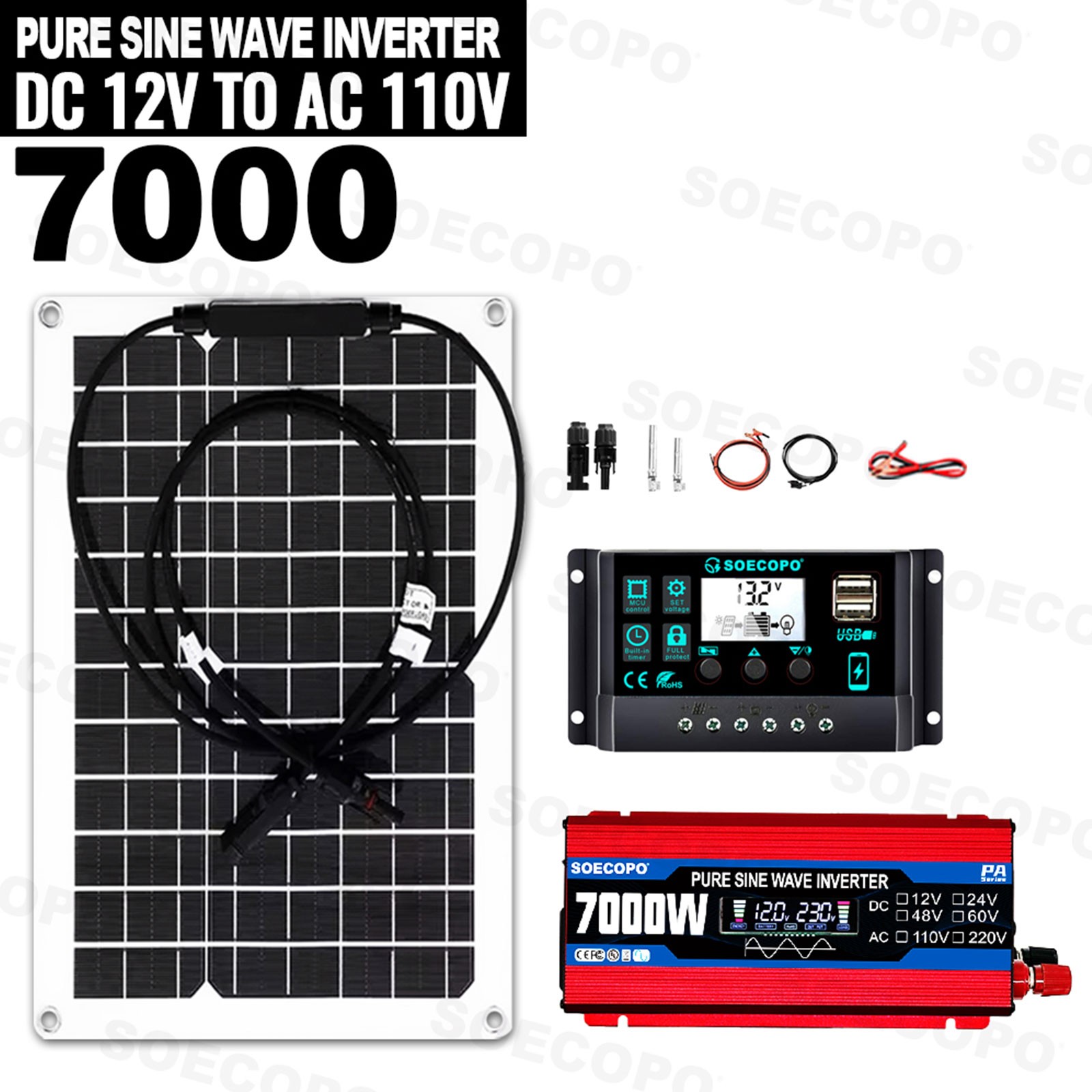 7000W Solar System Kit 100A Controller DC12V to AC110/220V Flexible Panel