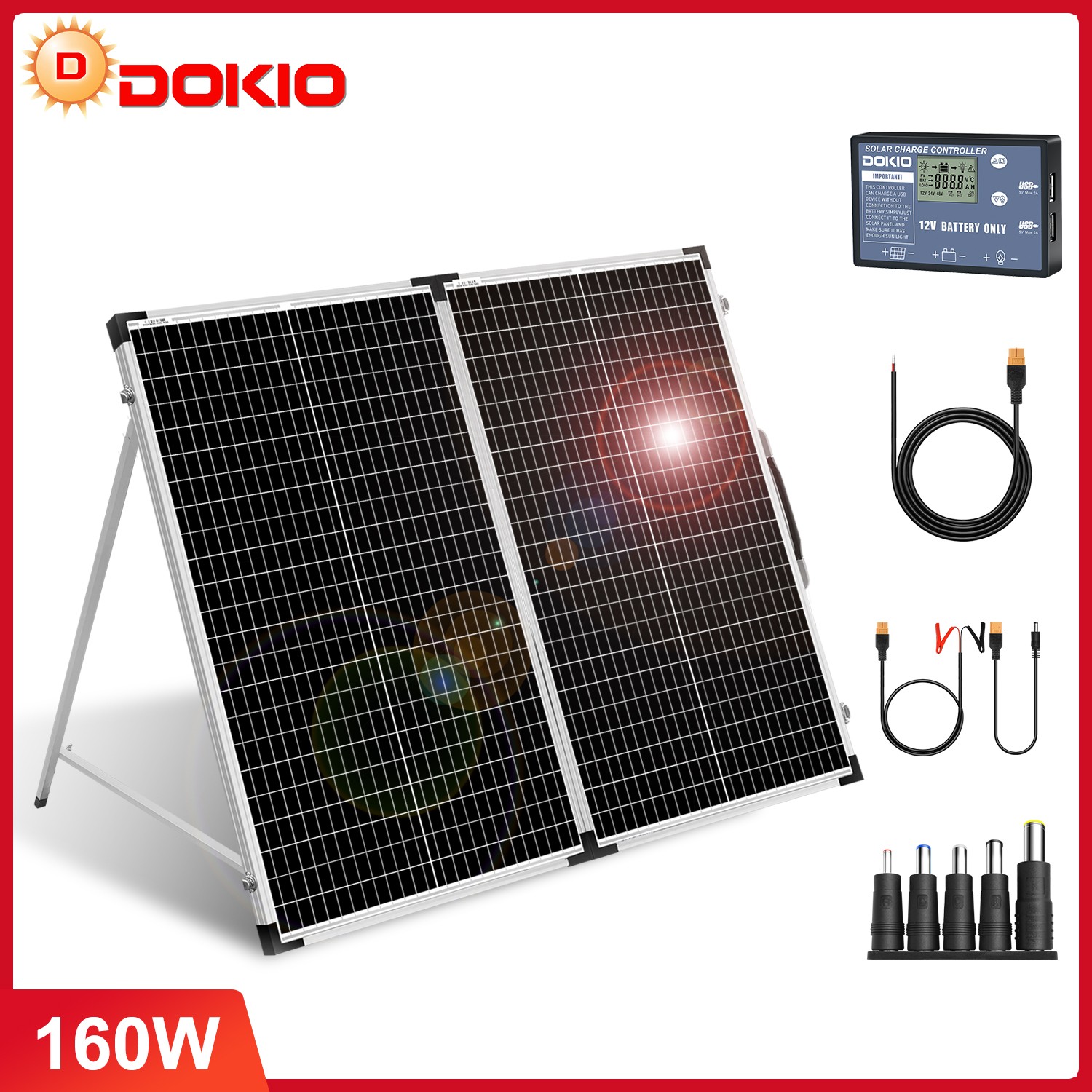 Dokio 160W 18V Portable Foldable Glass Solar Panel Suitcase Kit plug and play