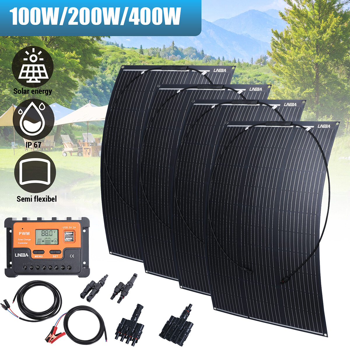 400W Monocrystalline Solar Panel LCD Battery Charger Kit fr Home/Caravan/RV/Boat