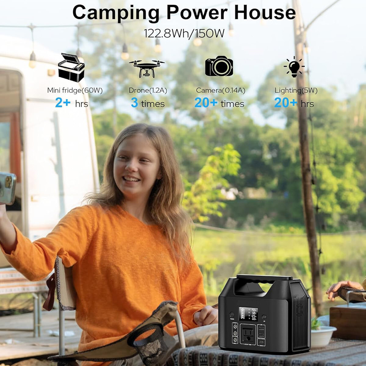 Portable Power Station 150W LiFePO4 Battery Bank Camping AC DC Solar Generator
