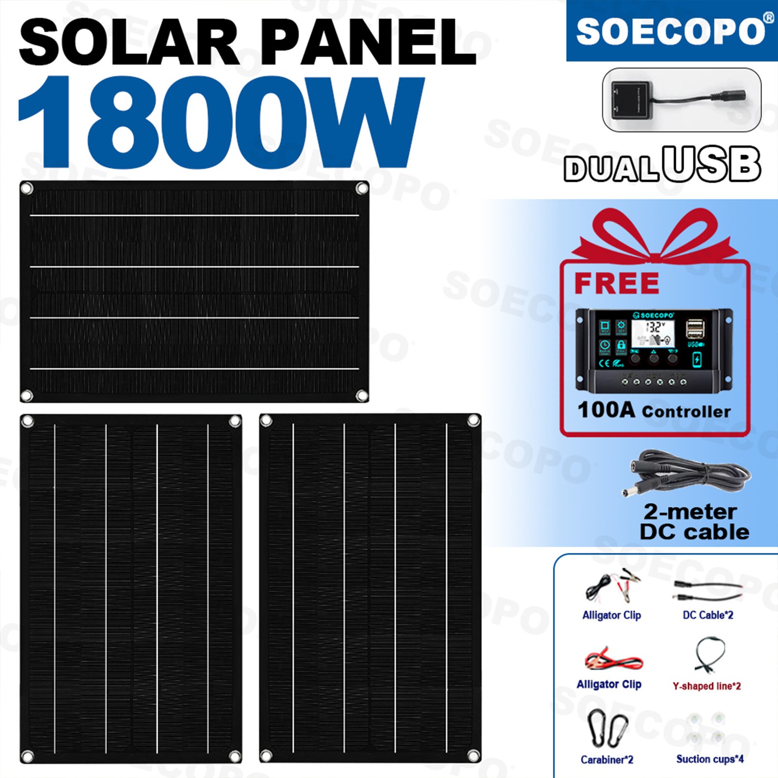 1800W RV Solar Panel Kit – 3 x 600W Flexible Panels + 100A Controller + Y-Cable
