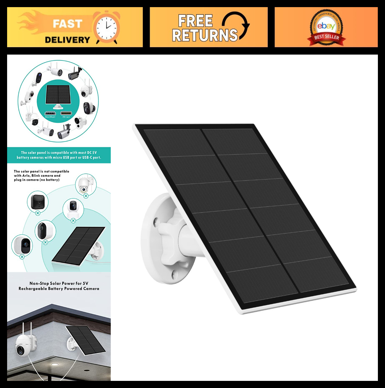 5W Solar Panel Charger for Outdoor Security Cameras, IP65 Waterproof, 9.8ft Cabl