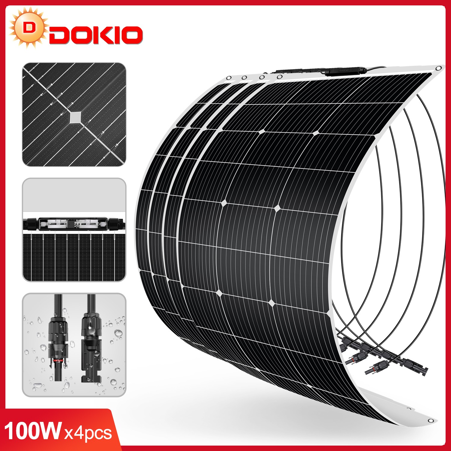 DOKIO 400w(4x100w) 18V Mono Semi-Flexible ETFE Lightweight Solar Panel for Shed