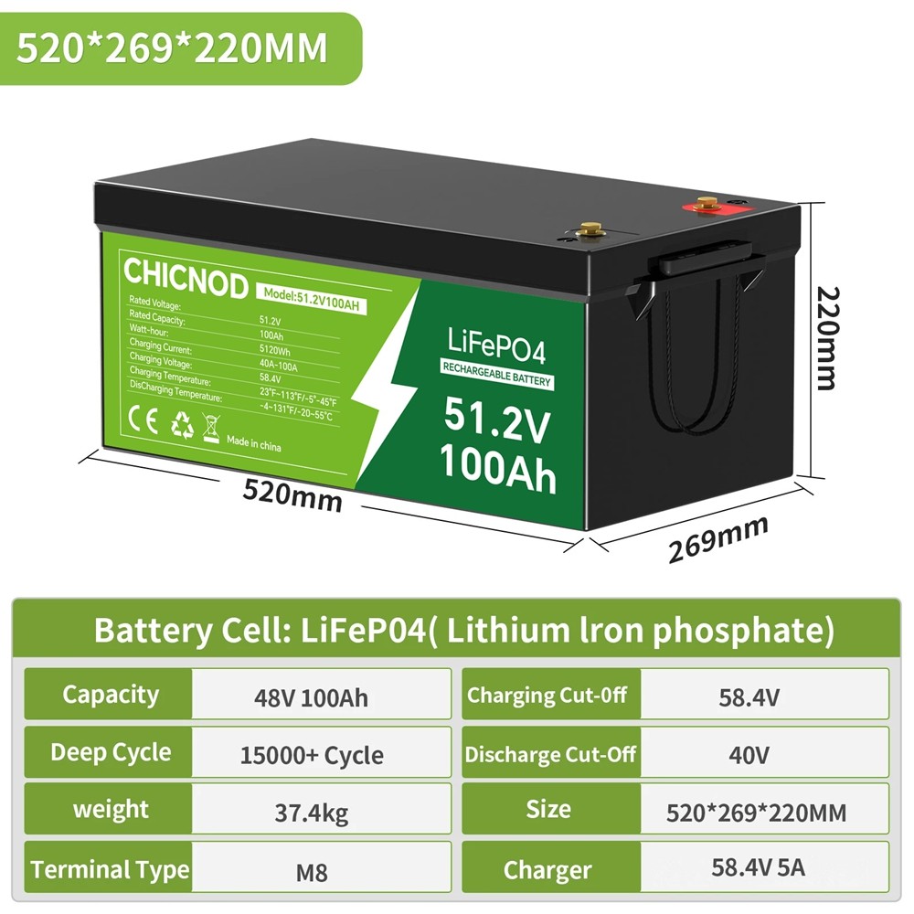 48V 100Ah LiFePO4 Battery 2560Wh with Bluetooth BMS Rechargeable Deep Cycle​