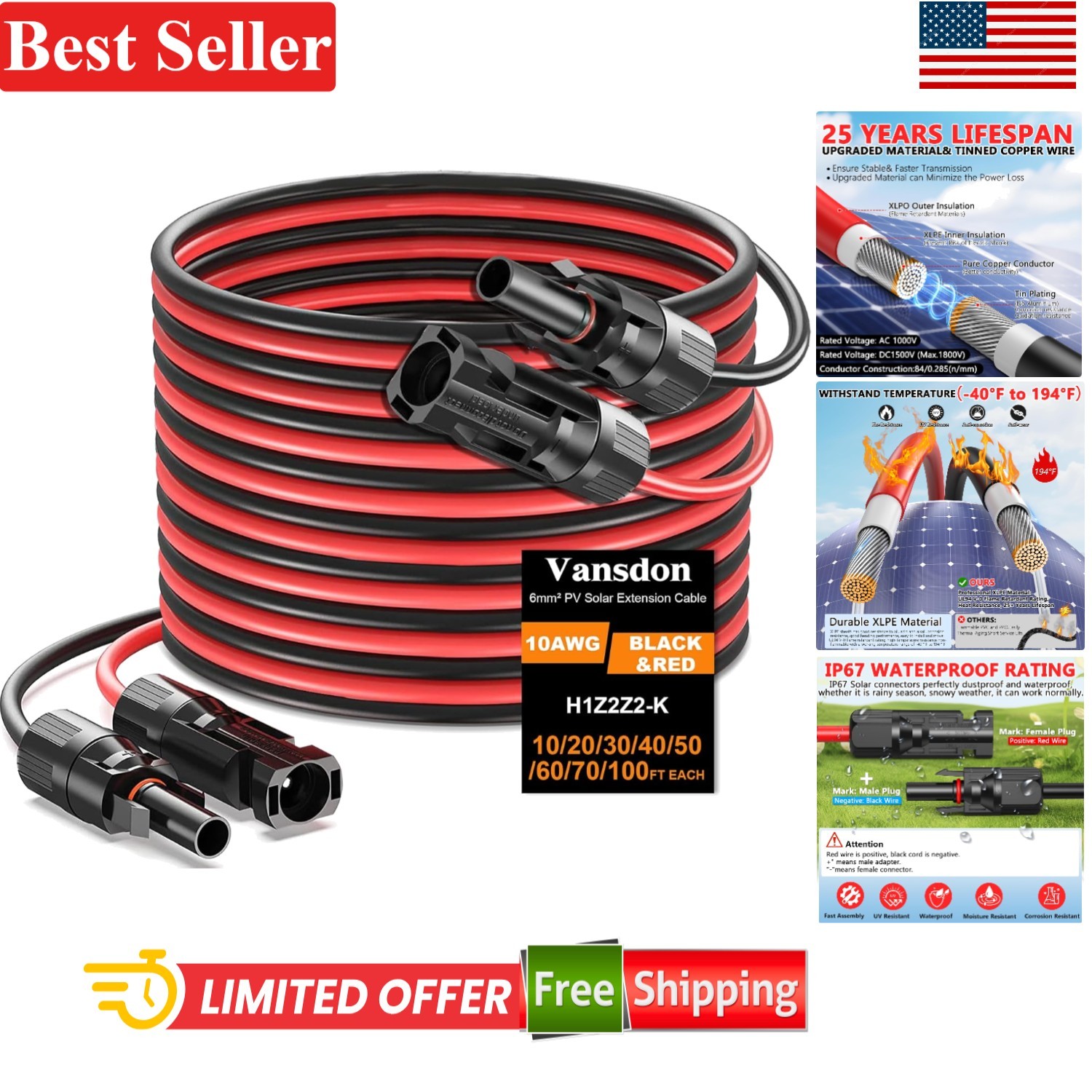 Solar Panel Extension Cable 50 Feet 10AWG Waterproof Female Male Connectors f…