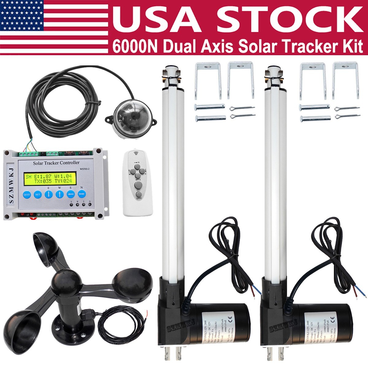 Complete Kit Dual Axis Solar Tracker Kits-6000N 2X12″ Stroke DC Linear Actuators