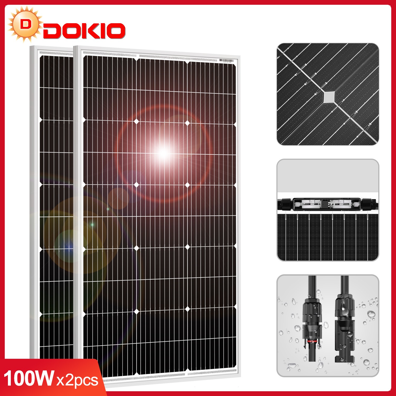 Dokio 200W Rigid Mono Solar Panel 100Wx2PCS Series/Parallel for Marine Camper