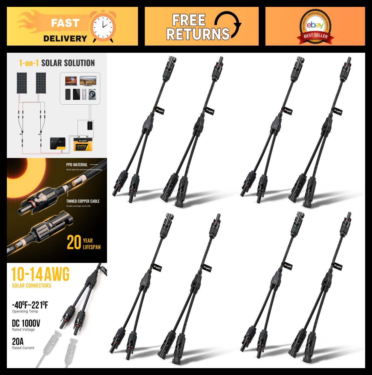 4 Pairs Solar Y Branch Connectors Parallel Adapter Cable 1 to 2 Wire Plug Kit