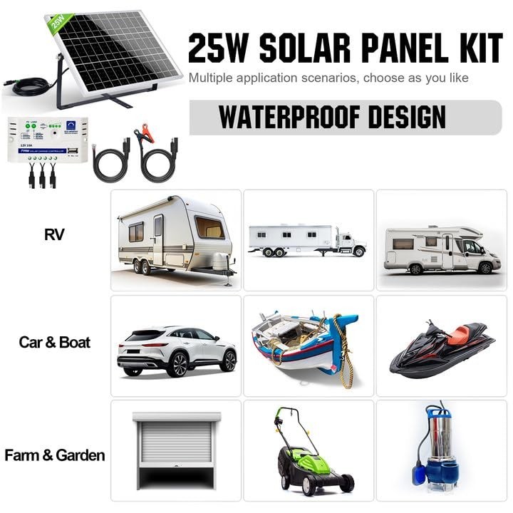 25W Solar Battery Charger Kit: Durable Monocrystalline, 10A PWM, SAE, 12V RV/Car