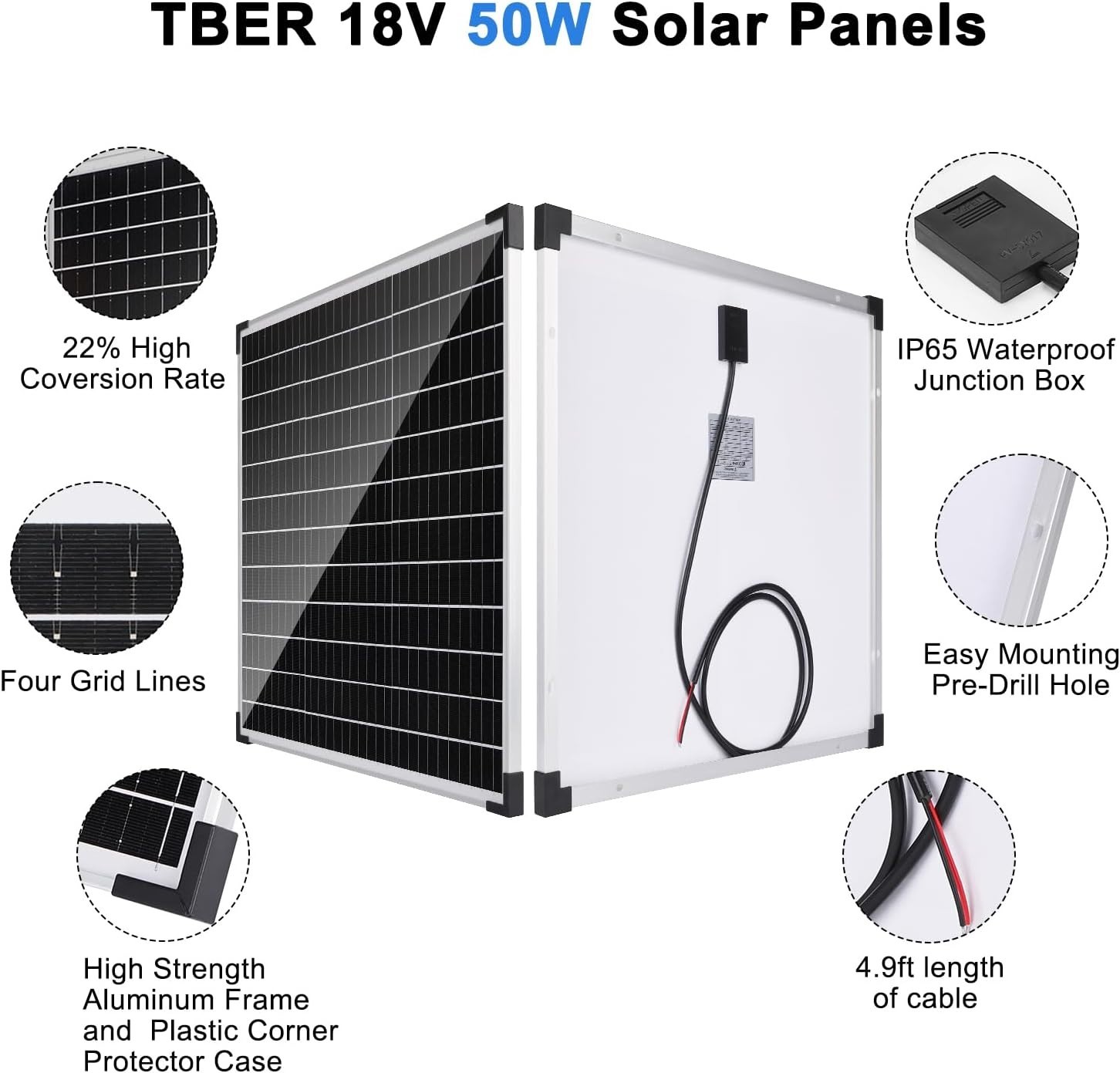 50W/12V Solar Panel Kit with 10A Charge Controller, Monocrystalline Solar Bat…