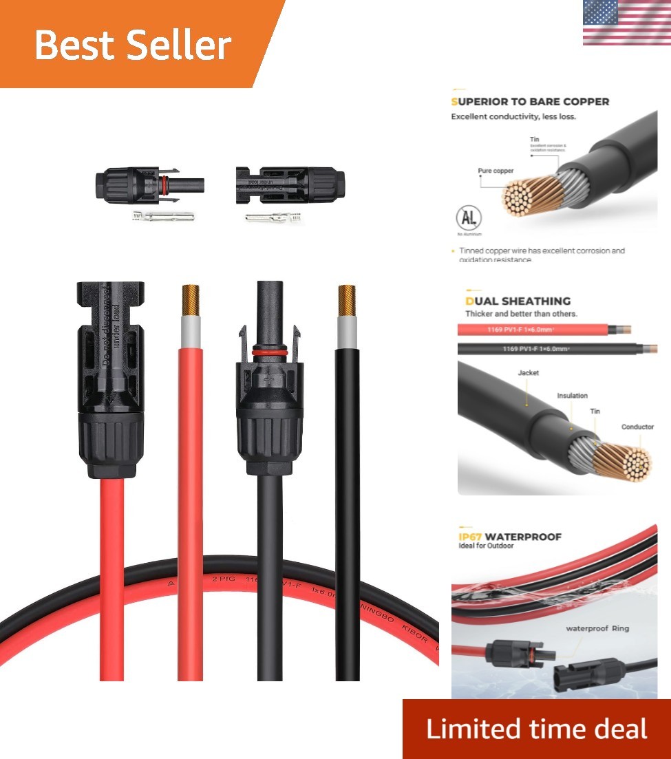 Efficient 20 Feet 10AWG Solar Cable with Male & Female Connectors – Plug & Play