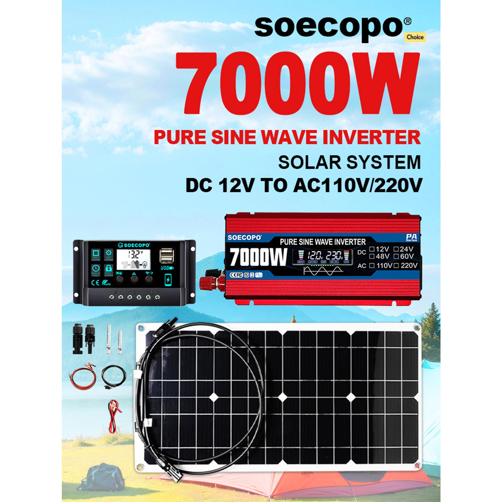7000W Solar System Kit 100A Controller DC12V AC110 220V Panel for RV Boat CampIY