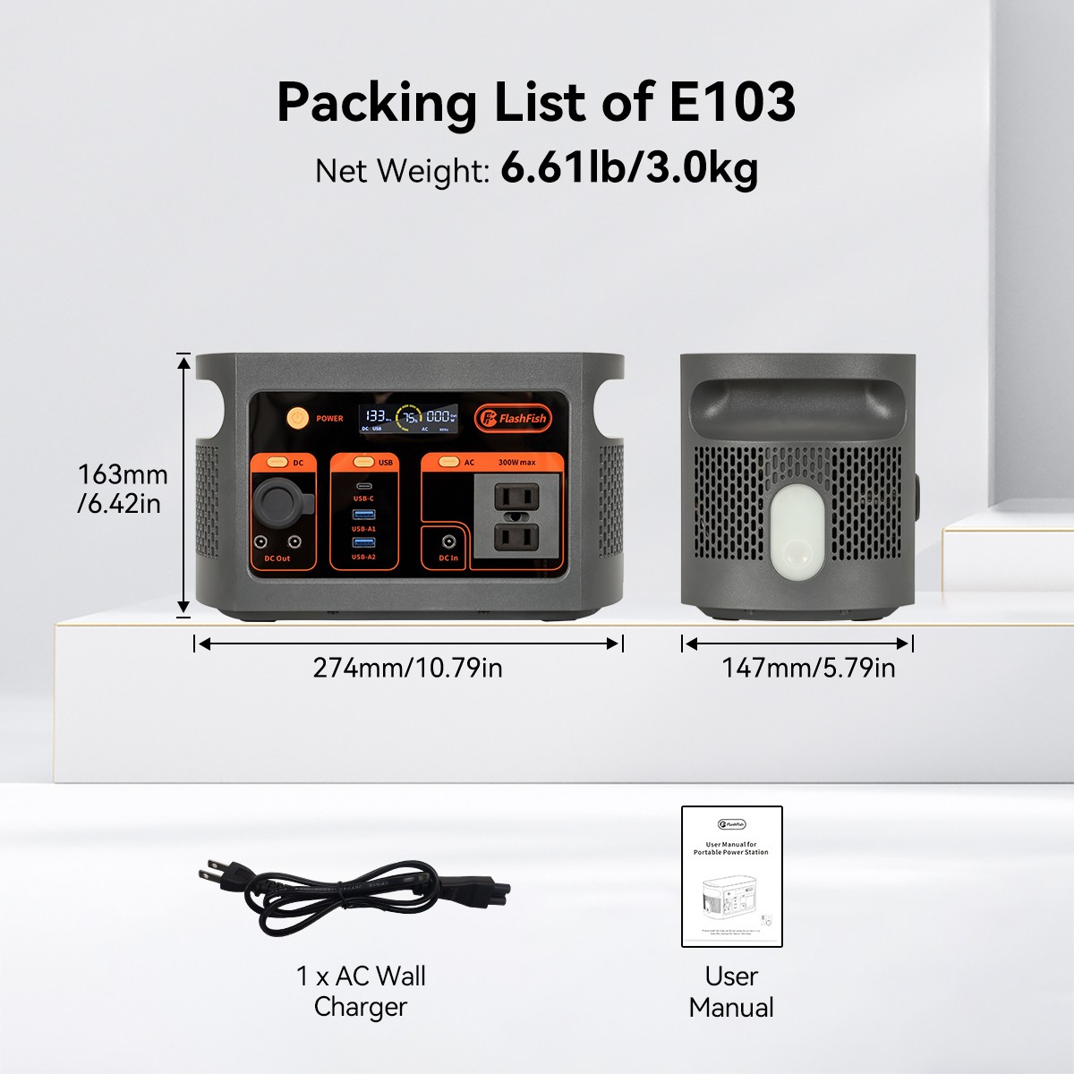 FlashFish E103 Portable Power Station 300W 179.2Wh LiFePO4 Solar Generator