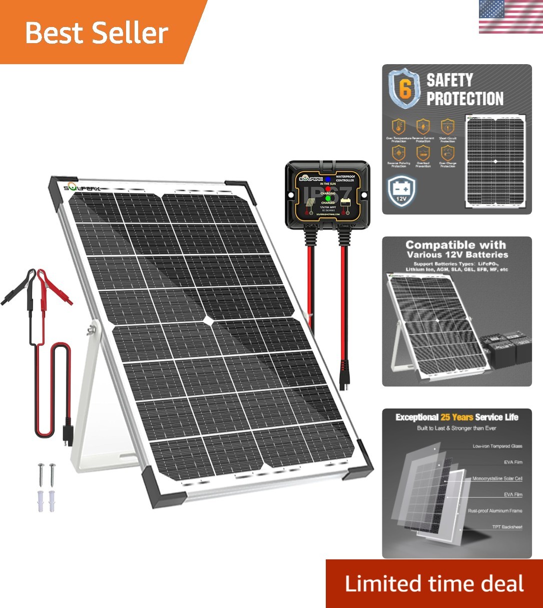 30W Waterproof Solar Battery Charger with 10A MPPT Controller & Adjustable Mount
