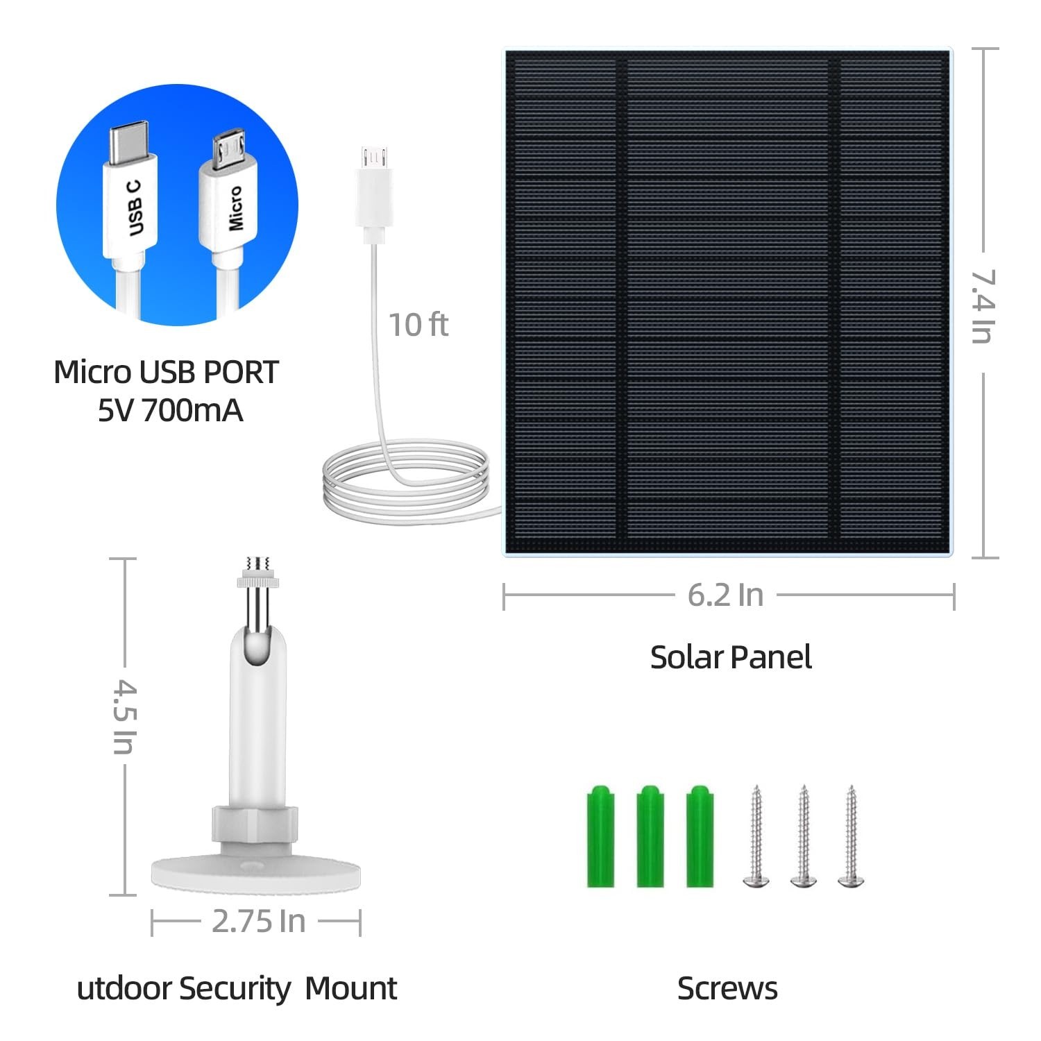 5W Solar Panel for Security Camera Wireless Outdoor USB-C Micro USB 9.8ft Cable