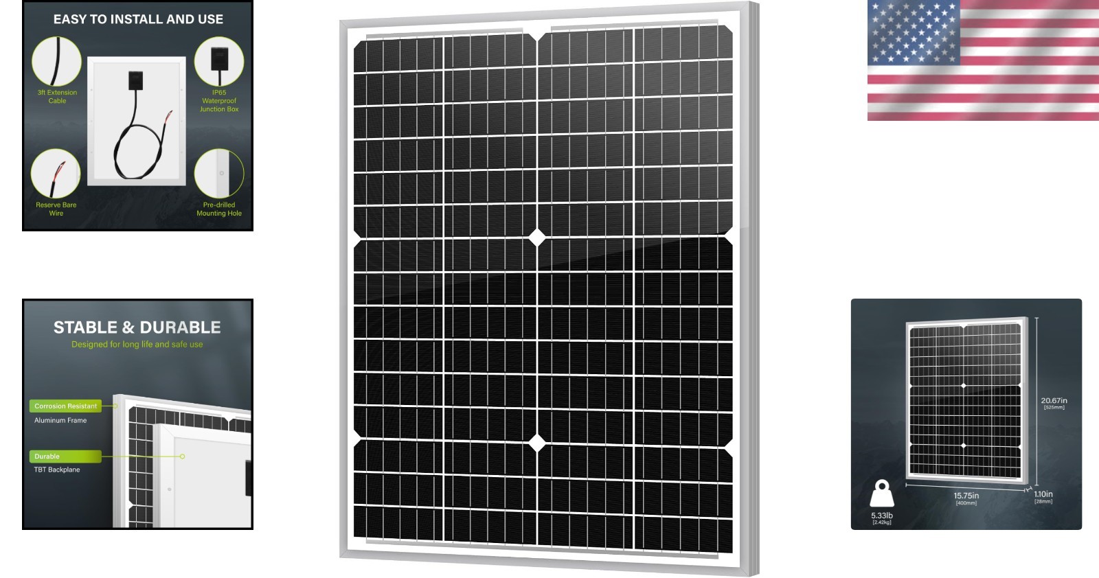 High-Performance 35W Solar Panel for Charging RVs, Boats, and Security Devices