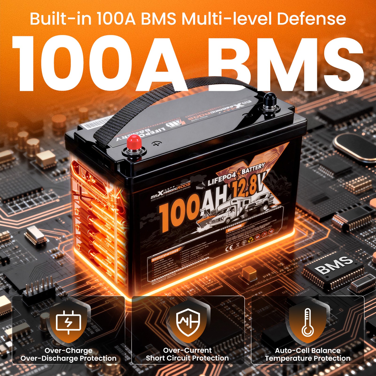 Marine Boat Battery 12V 100Ah LiFePO4, Built-in BMS, Expandable 20.48kWh