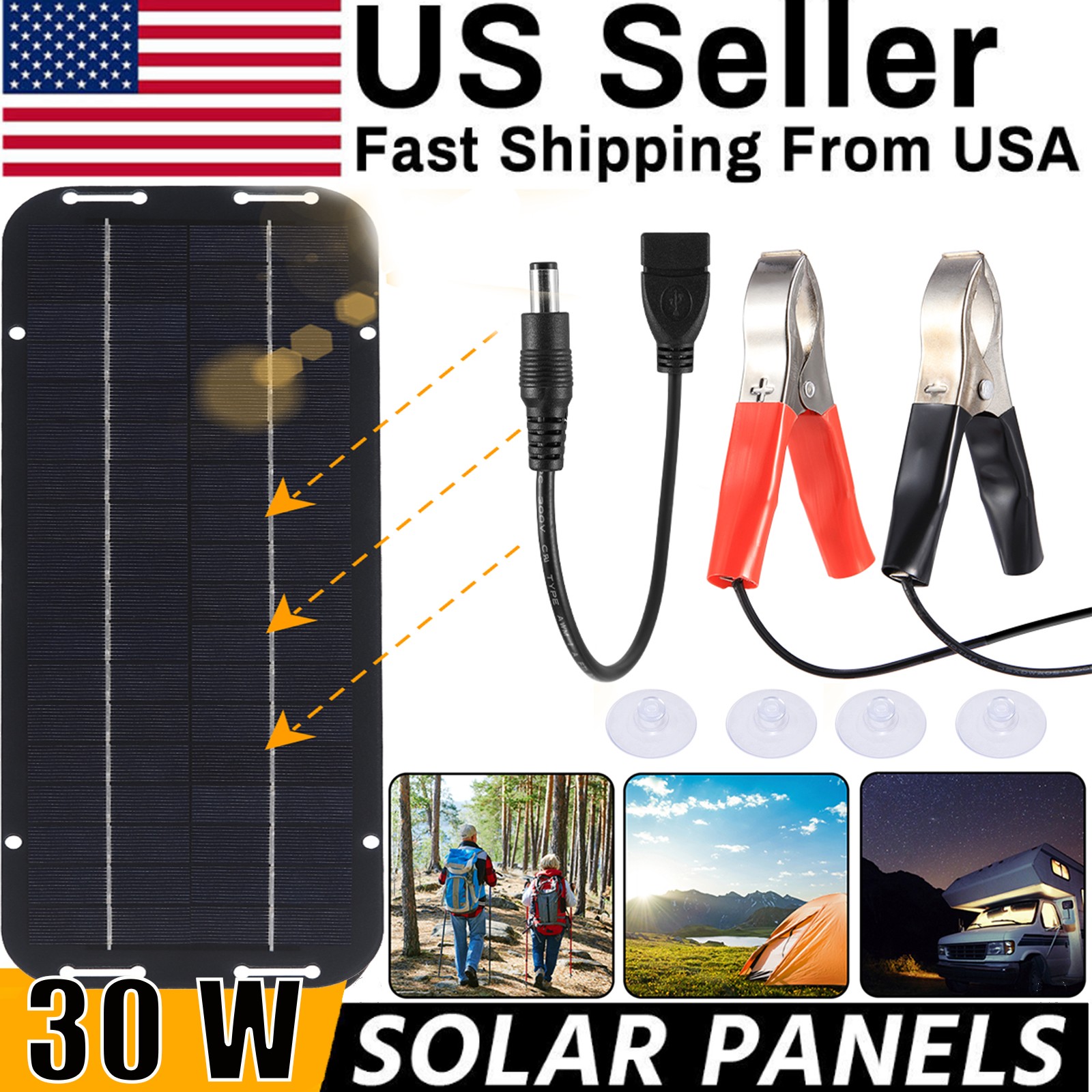 30W Solar Panel 12V Trickle Charger Battery Charger Kit Maintainer Boat Car RV