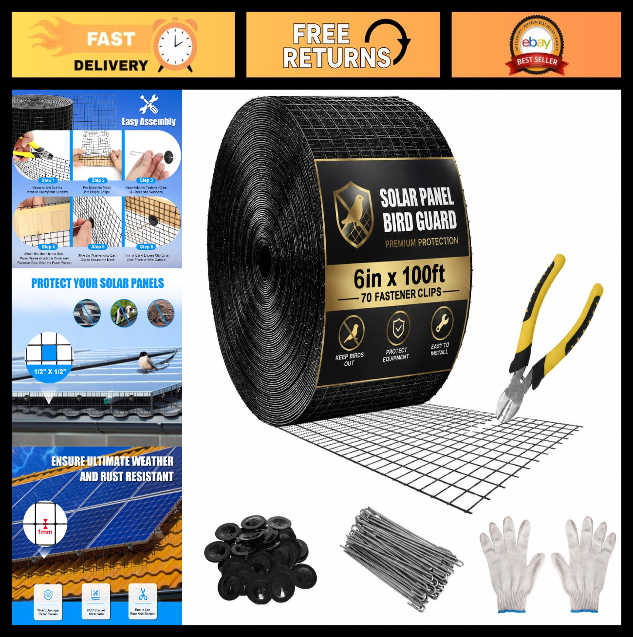 100ft Solar Panel Bird Guard Net – 6in Black PVC Mesh, Rust-Resistant, 70 Clips