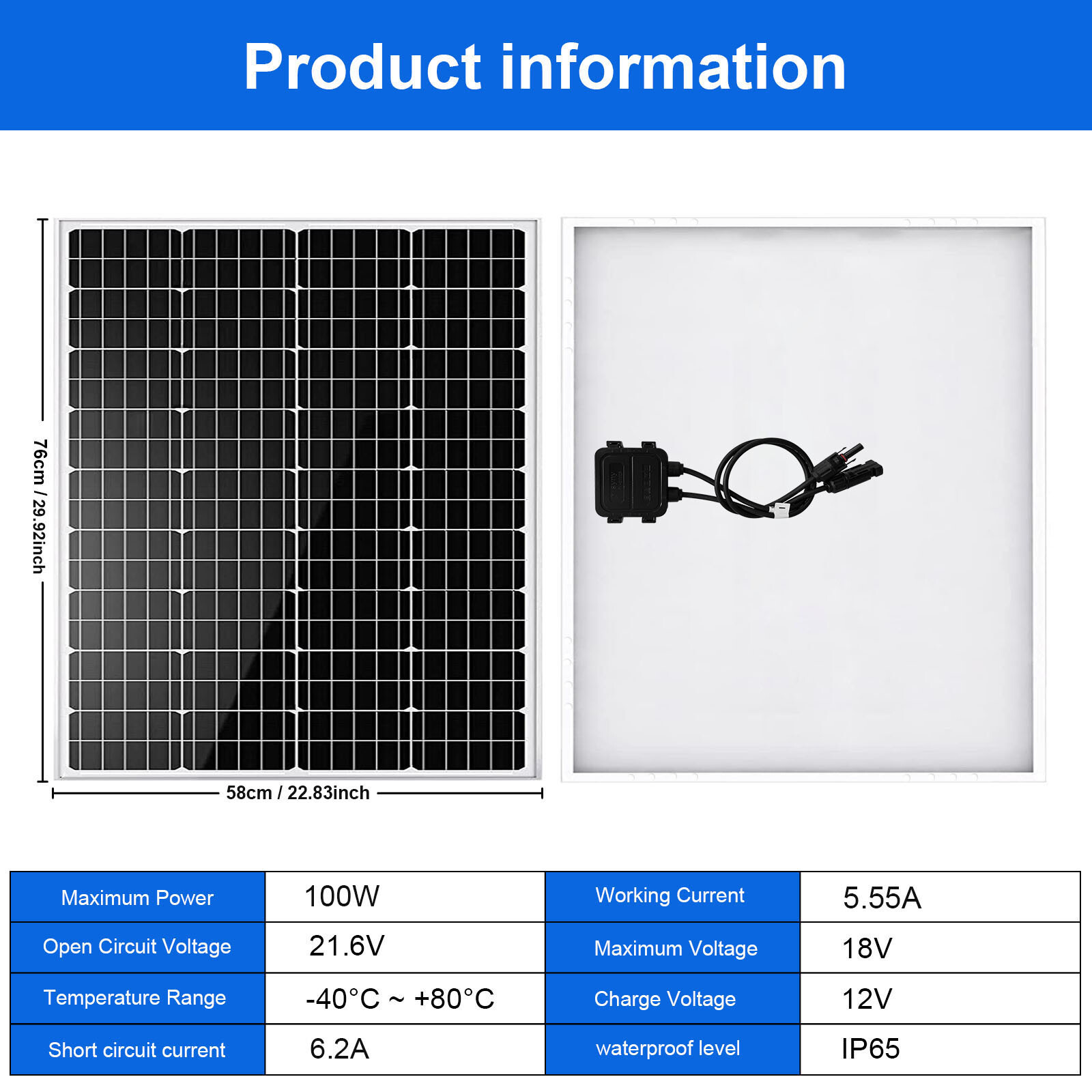 100 Watt12 V Solar Panel High Efficiency Monocrystalline PV Power RV Camper US