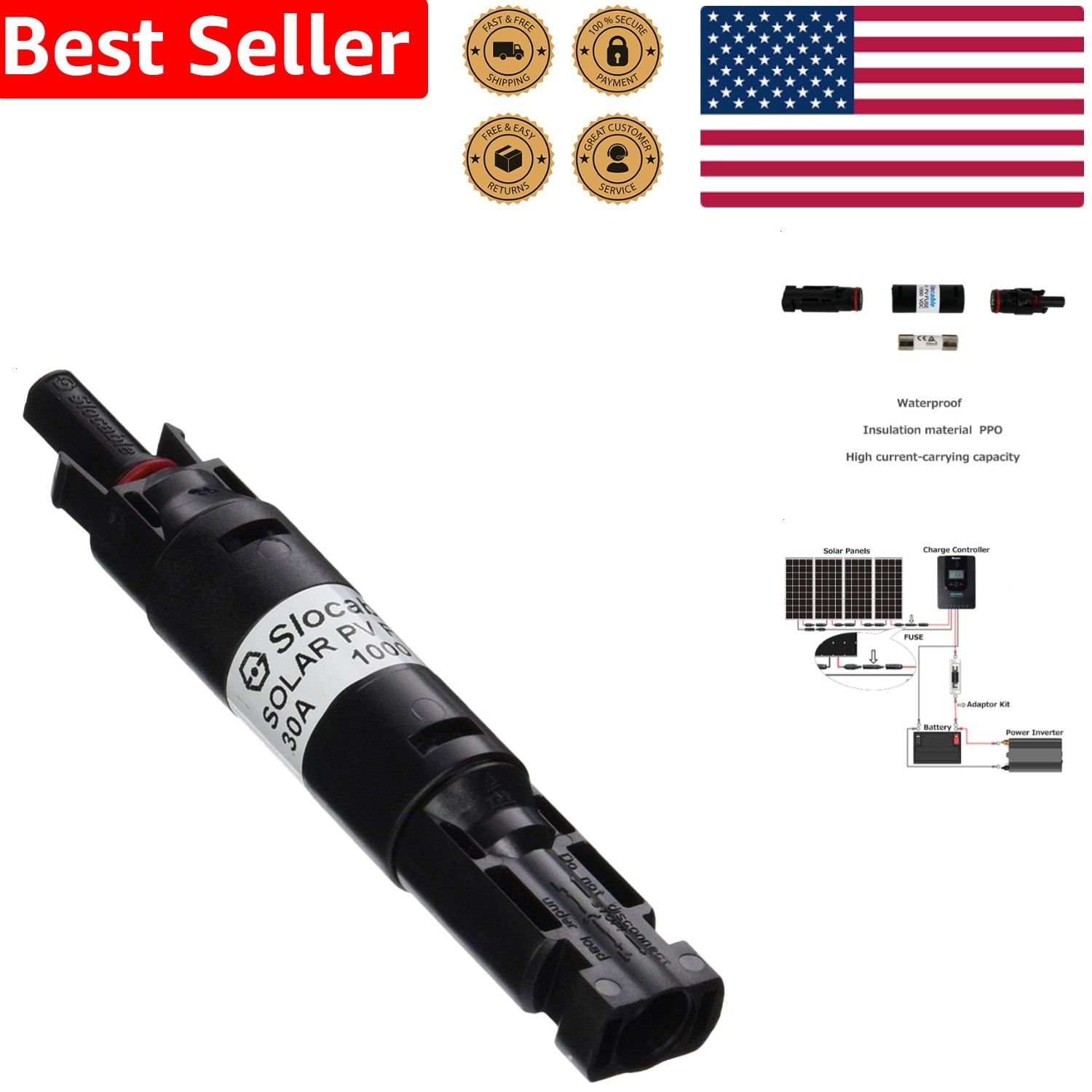 Waterproof Solar In-Line Fuse Holder 30A 1000V DC PV Connector Assembly