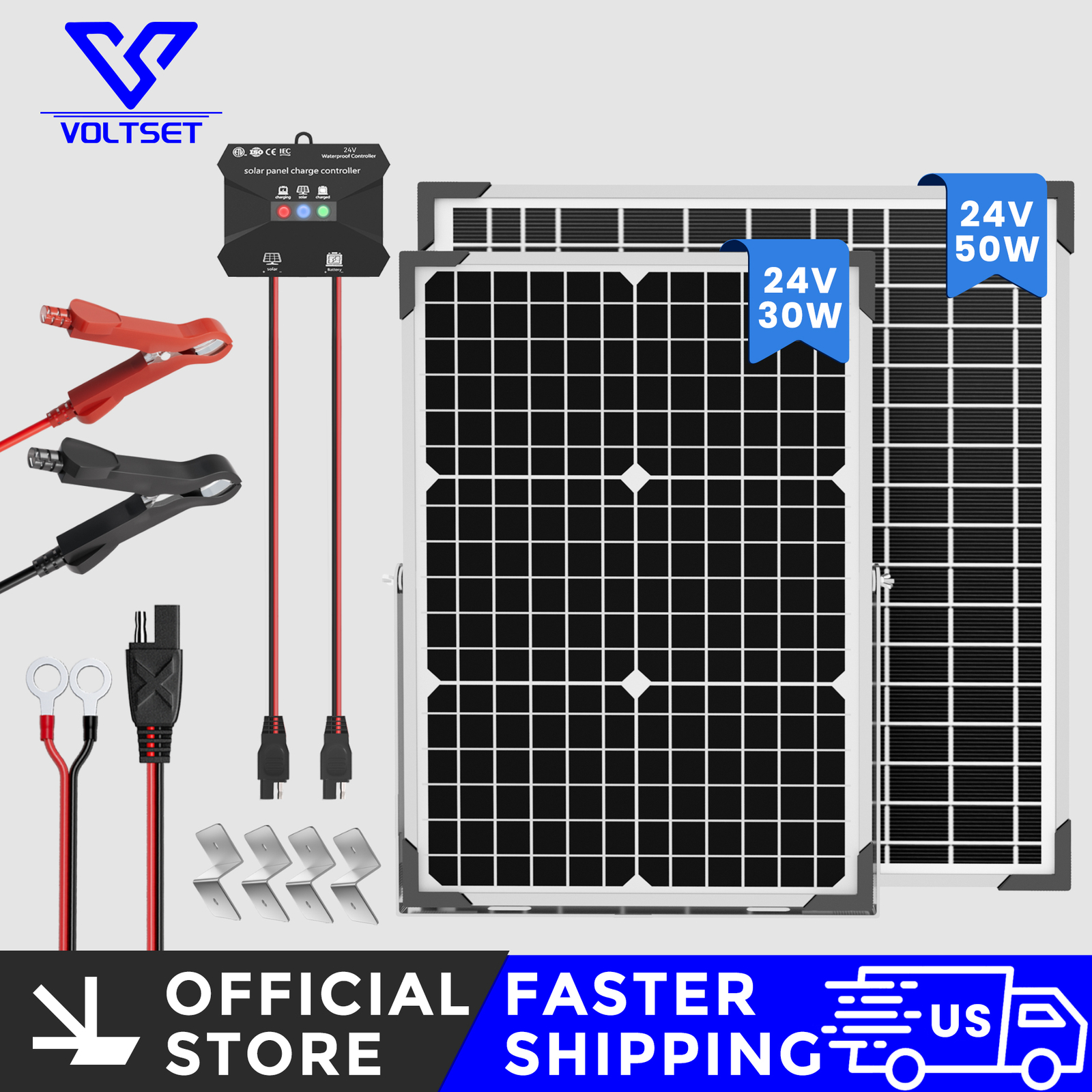 VOLTSET 24V 30W Solar Panel Kit Solar Trickle Charger, Charge 24V Battery of RV