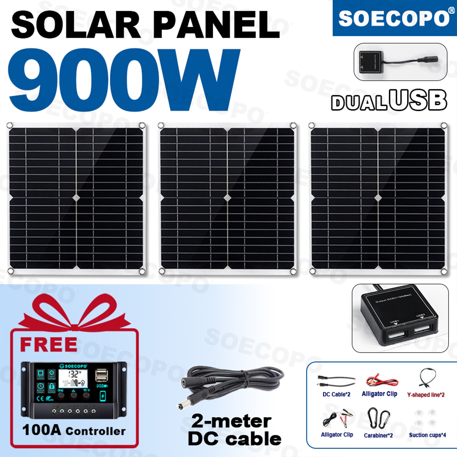 900W Solar Charging Kit with Y-Cable + 2 x 300W Panels + 2M Emergency Power