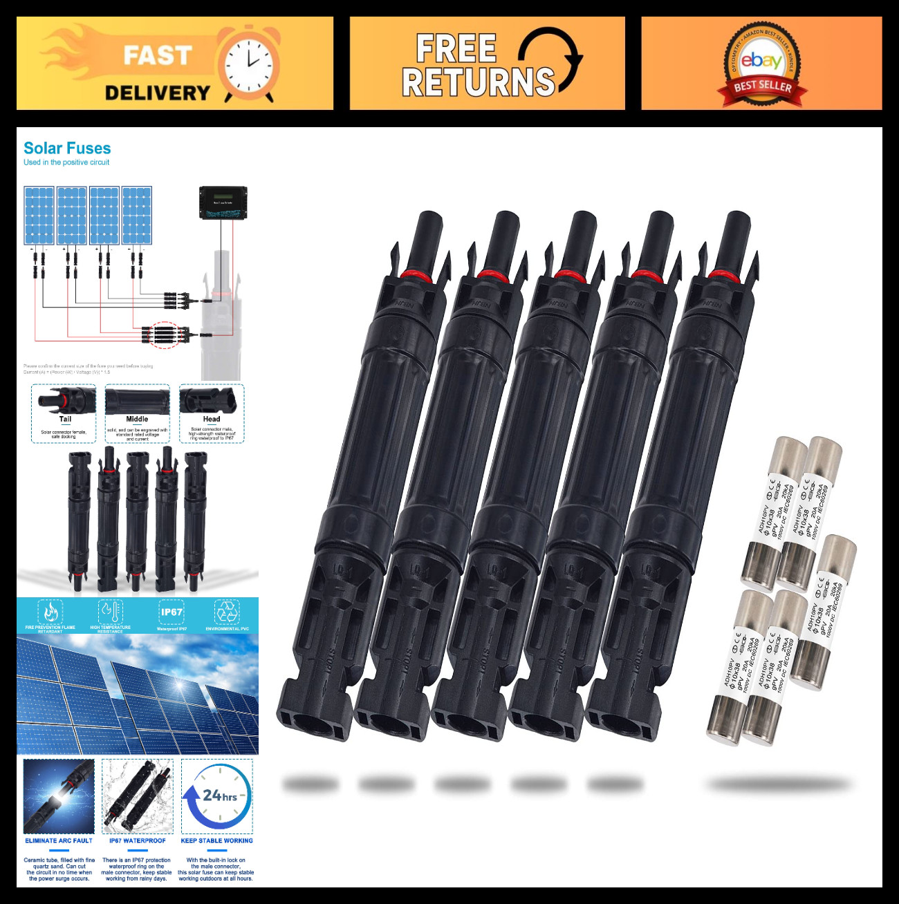 15A Solar Fuse Holder Inline, Waterproof Connector for Solar Panels & Controller