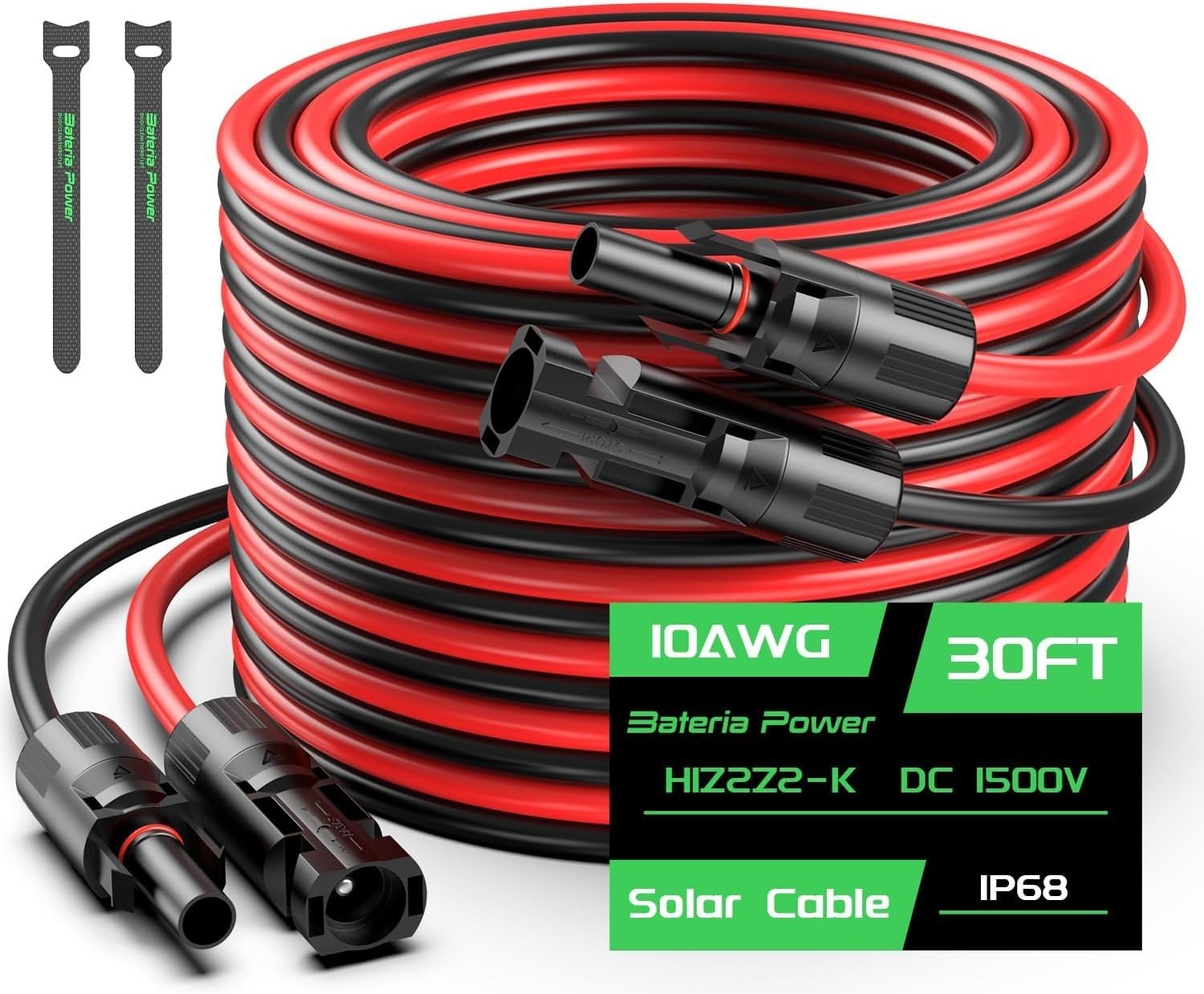 30FT 10AWG Solar Panel Extension Cable with Waterproof Connectors for RV
