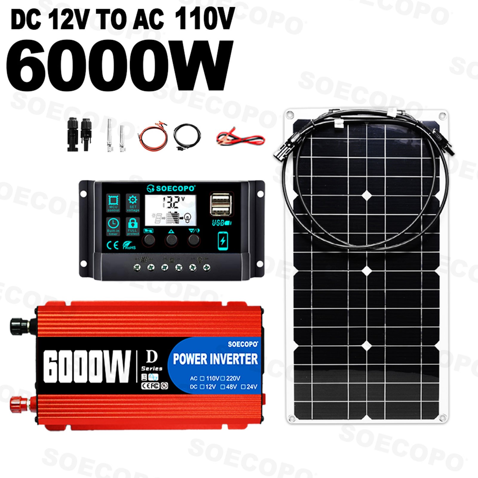 6000W Solar System Kit, Flexible Panel 100A Controller, 12V DC to 110V/220V