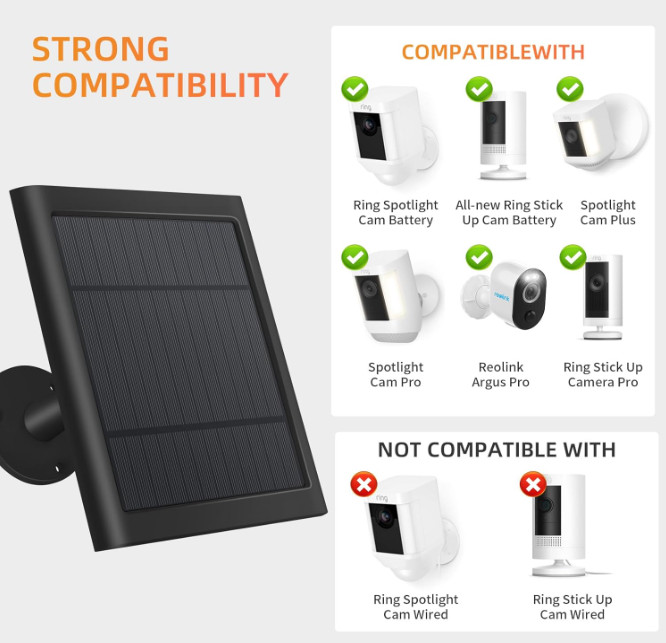 Solar Panel for Ring Camera, 4W, 10FT/3M Long Cable with USB-C, 2 Pack, Black…