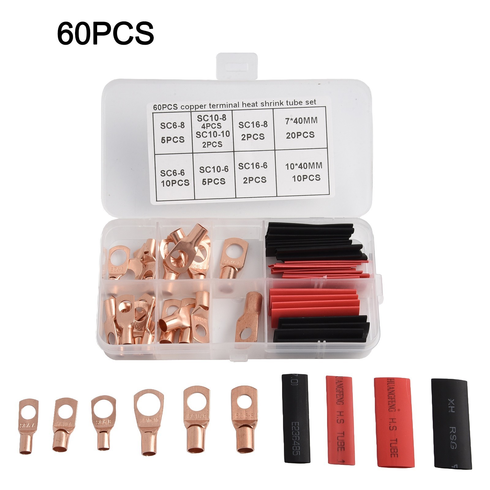Functional 60pc Tin Plated Copper Ring Terminal Kit for Automotive Use