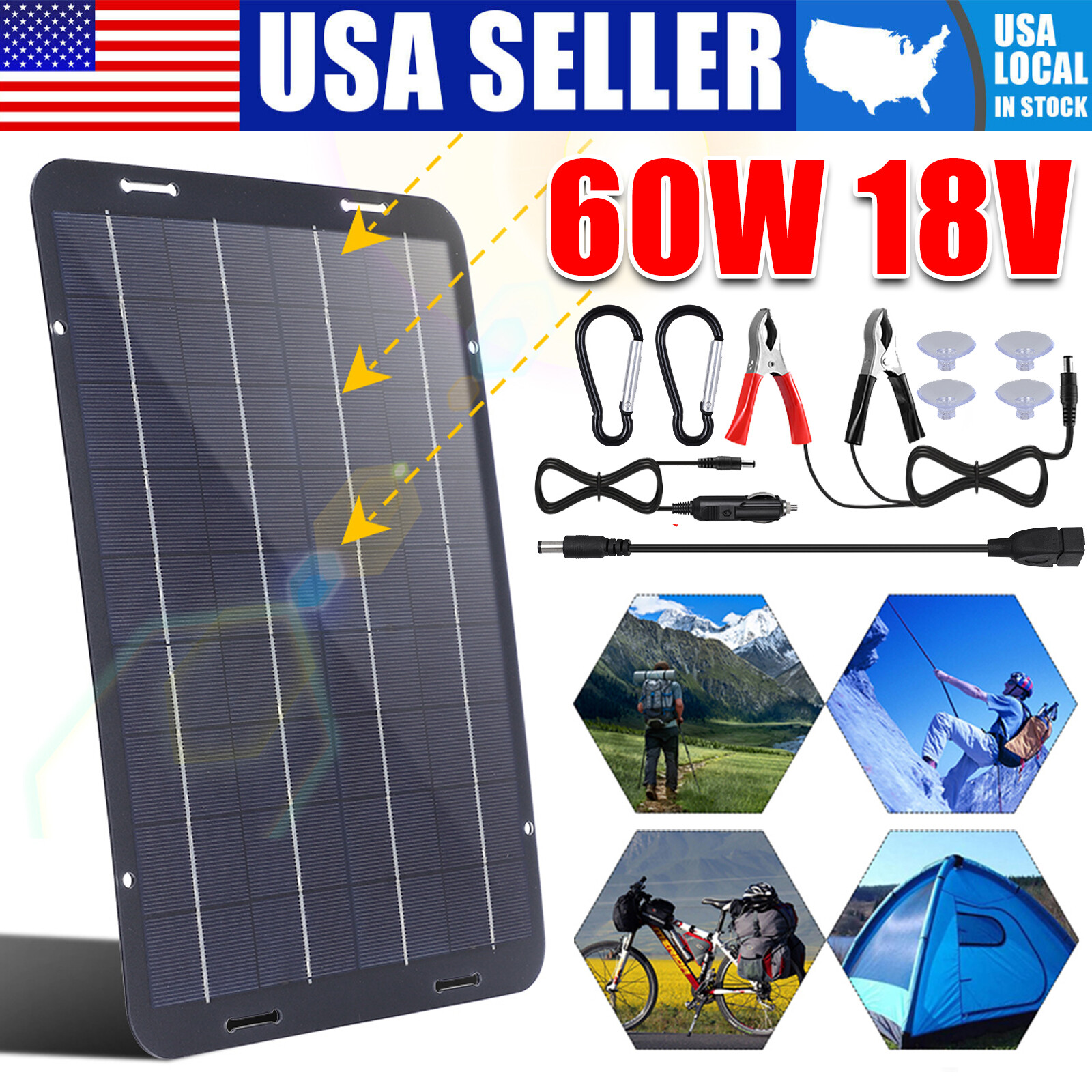 60W Solar Panel 18V Trickle Charger Battery Charger Kit Maintainer Boat Car RV
