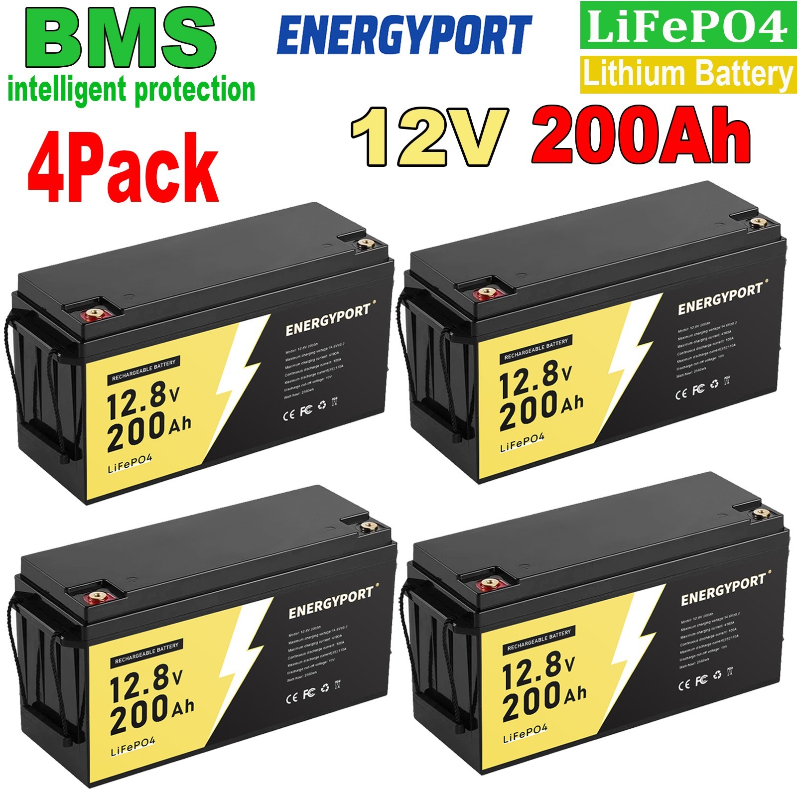 4PC 12V 200AH LiFePO4 Deep Cycle Lithium Battery BMS for Solar Panel RV Off-grid