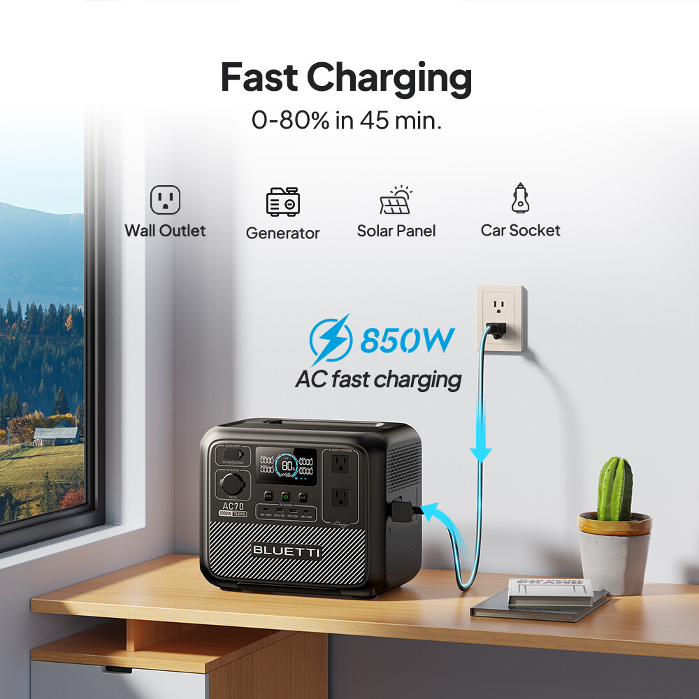 BLUETTI AC70 1000W 768Wh Portable Power Station Solar Generator for Camping Trip