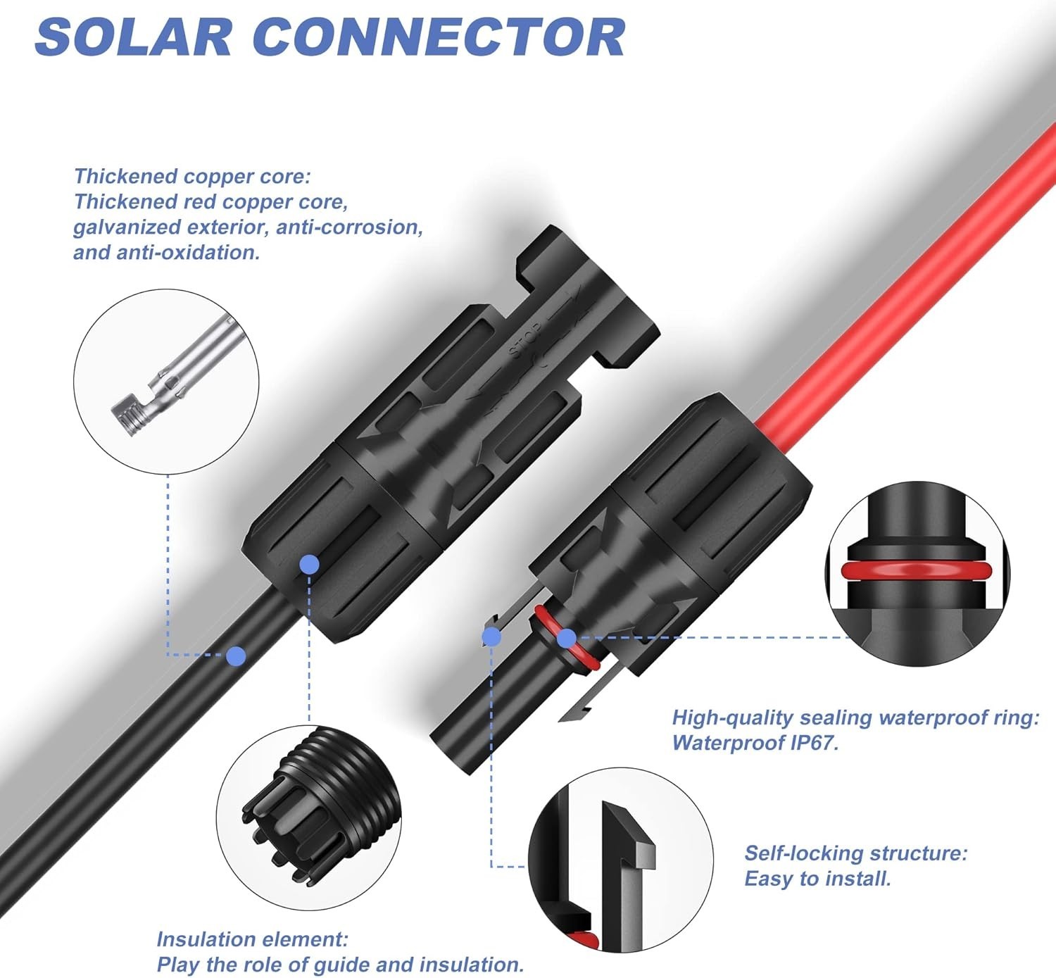 Black+Red 10 AWG Solar Panel Extension Cable Silicone Flexible Wire Connectors