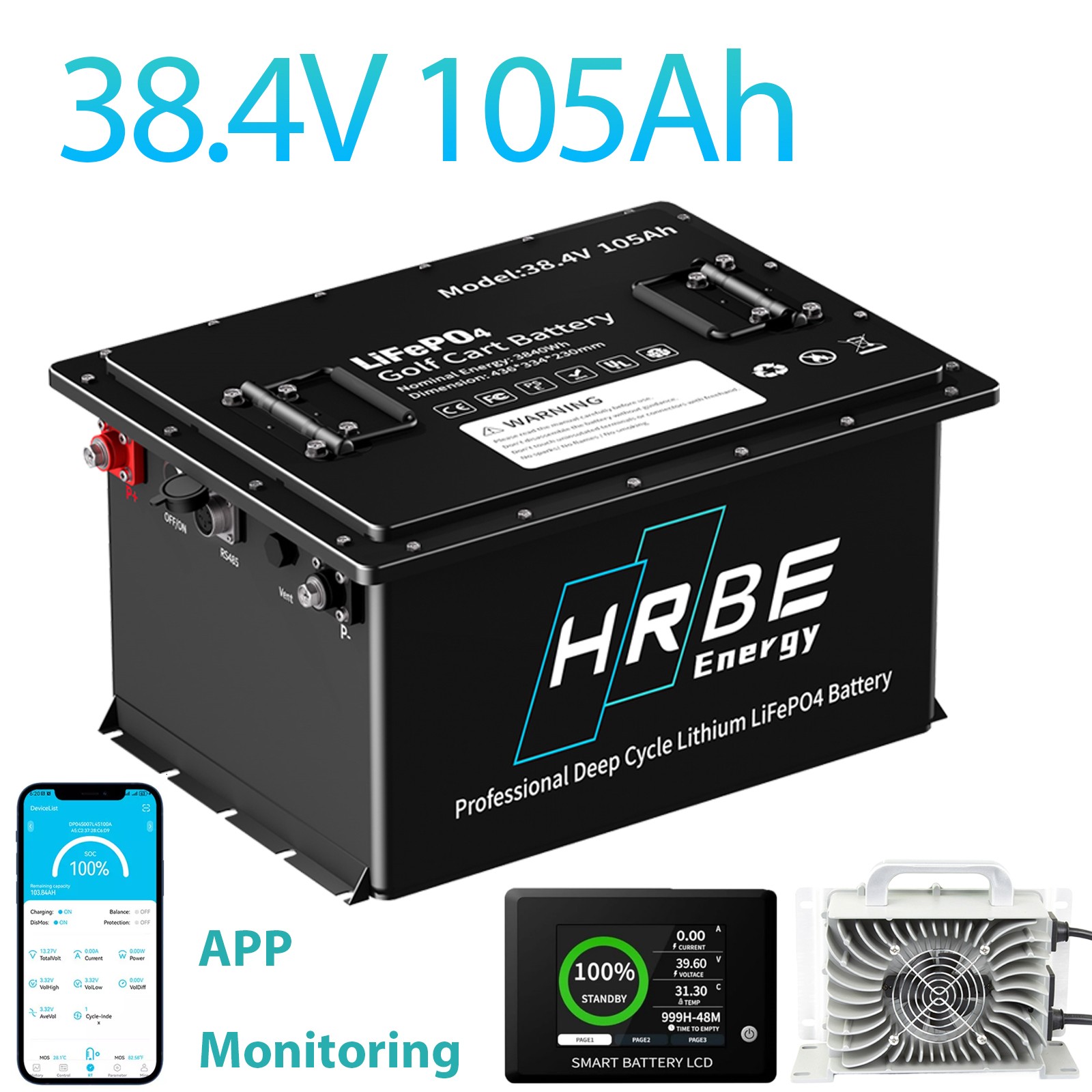 36V 105Ah Golf Cart LiFePO4 Lithium Battery 200A BMS A+Cells with 20A Charger