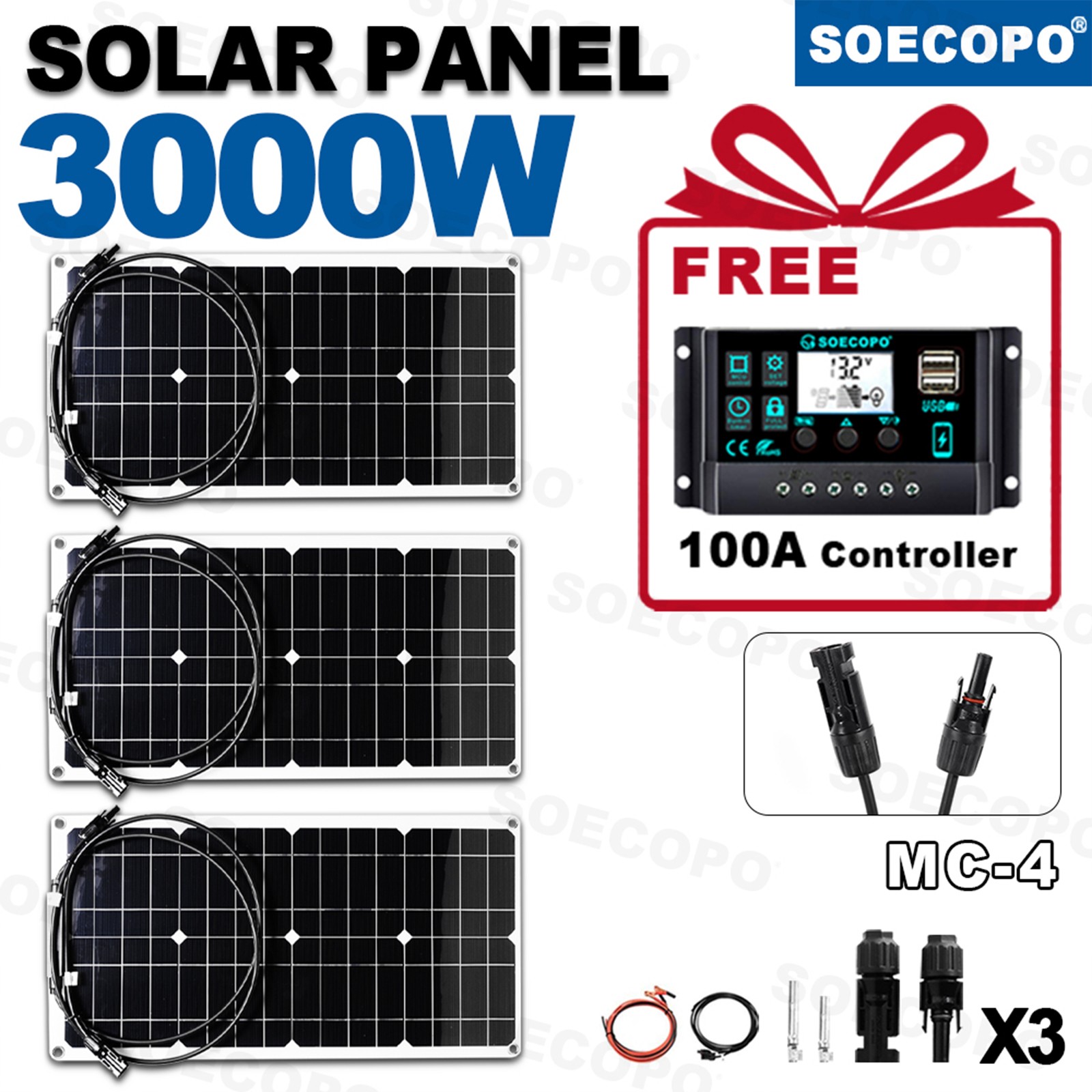 【Free 100A Controller】3000W 3 x 40W Solar Panel Set for RV/Outdoor Power