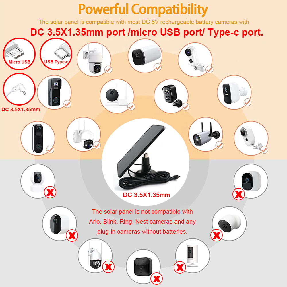 Universal Solar Panel for Ring Stick Up Spotlight Camera Battery With10ft Cable