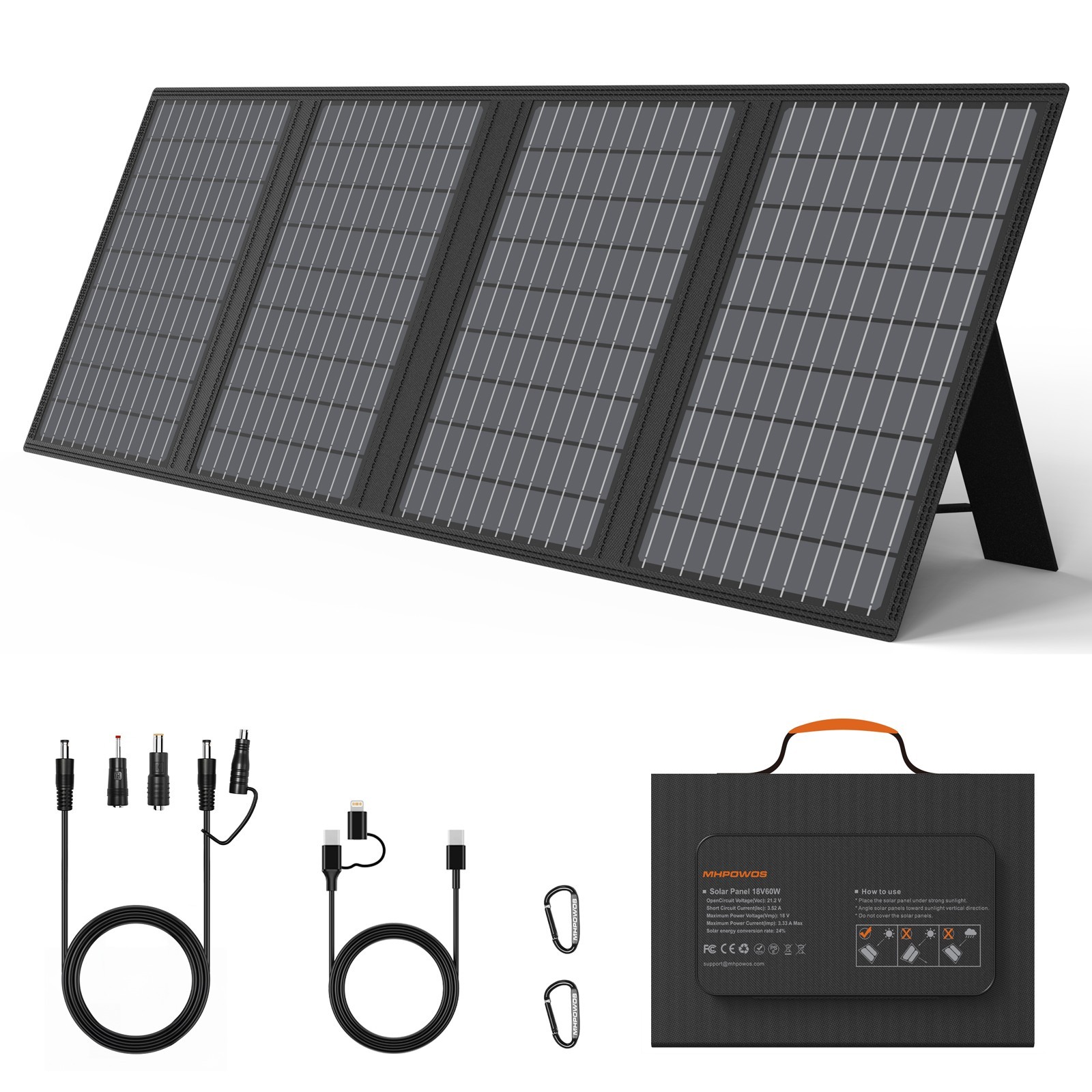 60W Portable Solar Panel QC3.0 USB-A USB-C DC for Anker 521 300W Power Stations