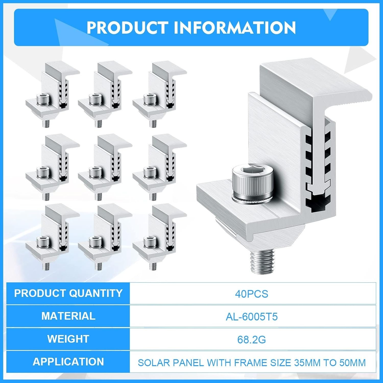40 Pack Adjustable Solar Panel End Clamps – Durable Aluminum Mounting Hardware