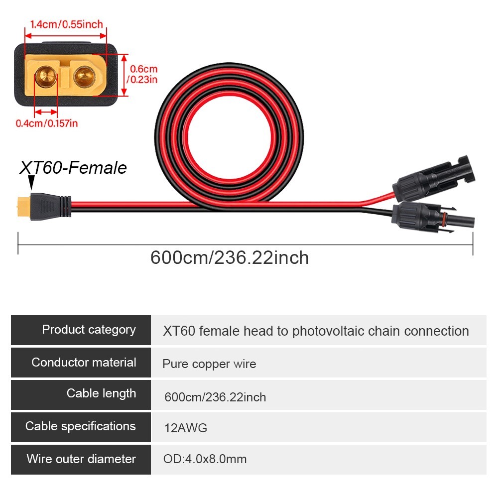 20ft Solar Panel Extension Cable Wire XT60 Female to Solar Connectors Black Red